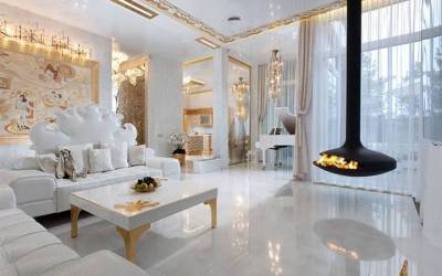 Beyaz ve gold rengi salon dekorasyon modeli