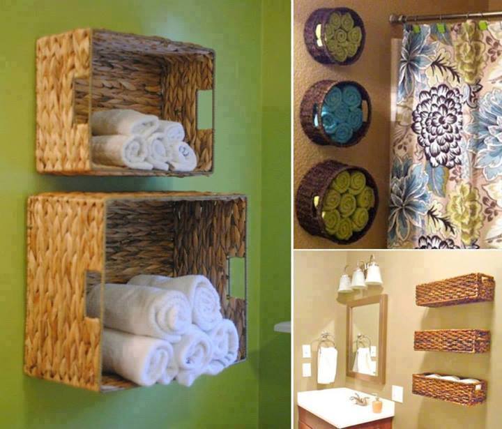 Hasır sepetler ile banyolara dekoratif raf