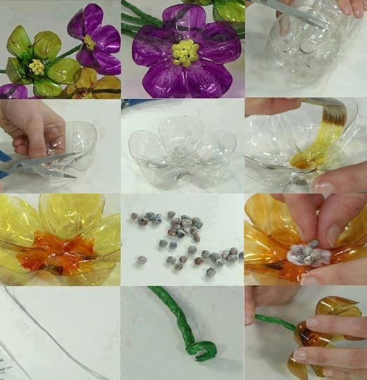 Plastik şişelerin altı ile çiçek yapımı