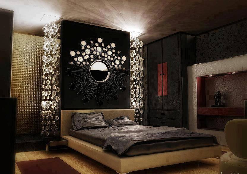 Aynalı ve avizeli yatak başı dekorasyonu