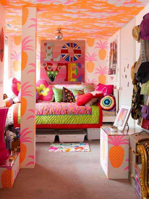 Ananas duvar kağıtlı genç odası dekorasyonu