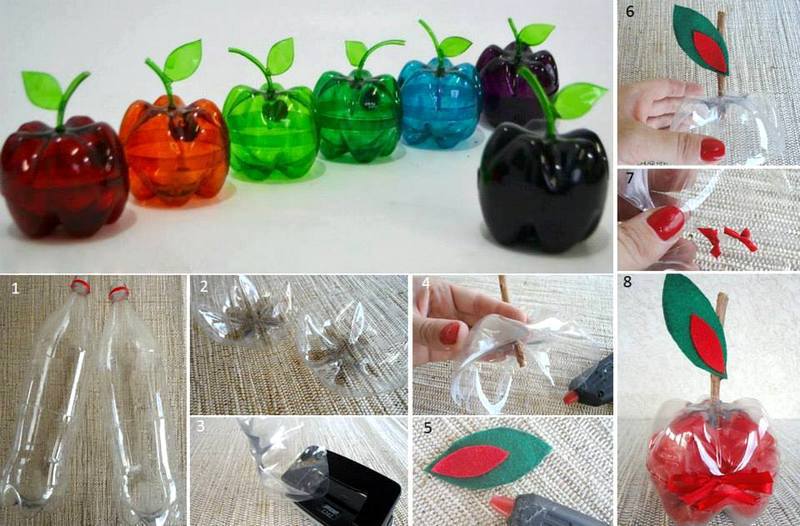 Plastik şişeler ile dekoratif elma yapımı