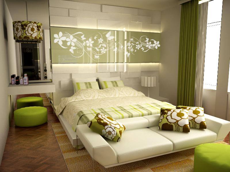 Yeşil beyaz yatak odası dekorasyonu